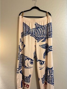 SHEIN Cream Wide Leg Pants with Navy Fish Print